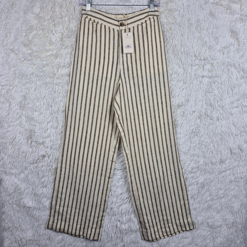 Faherty Sun Strider Linen Pant Cocoa Grove Stripe Wide Leg Womens S Coastal